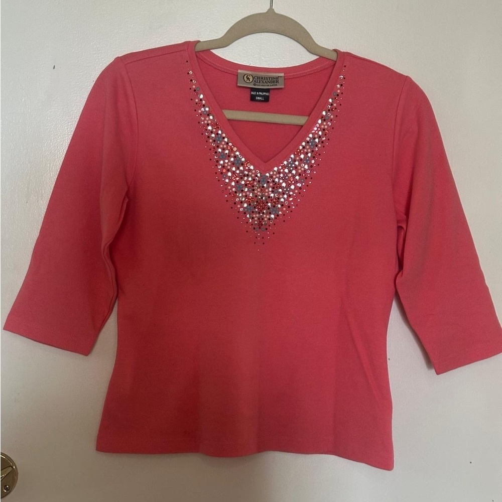 Christine Alexander Coral Embellished V-Neck Long Sleeve Top